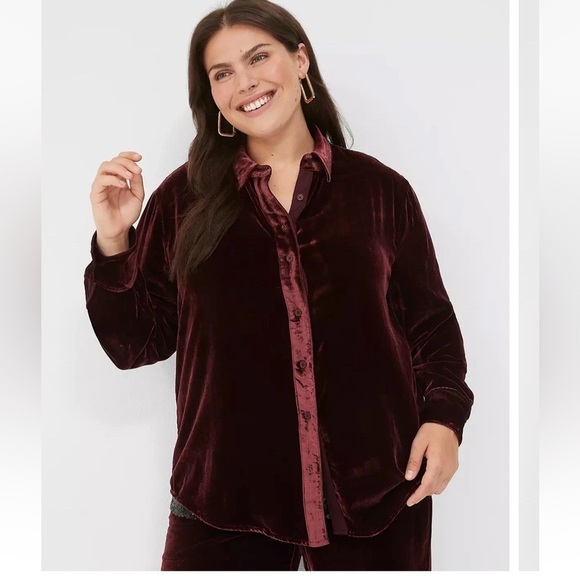 Lane Bryant Velvet Top Blouse Sz 16 Red Cranberry ButtonDown Dressy Goth Royalty - Picture 1 of 13